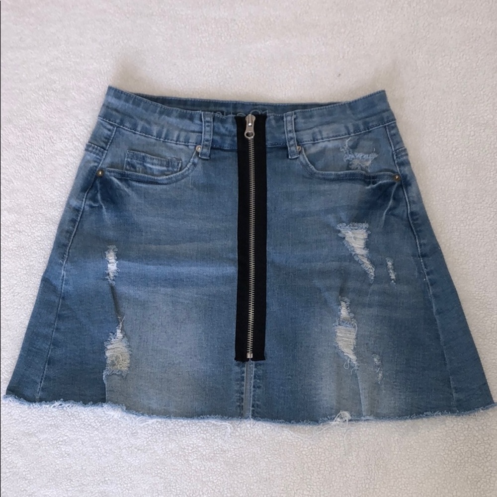 Zip Up Soft Denim Distressed Skirt